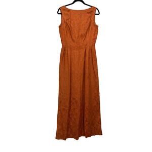 Vintage Maxi Dress Womens S/M Orange Boat Neck Floral Jacquard Lined Sleeveless